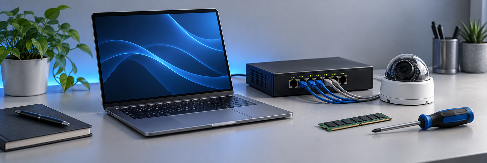 Laptop, equipo de red y cámara de videovigilancia sobre una mesa de trabajo