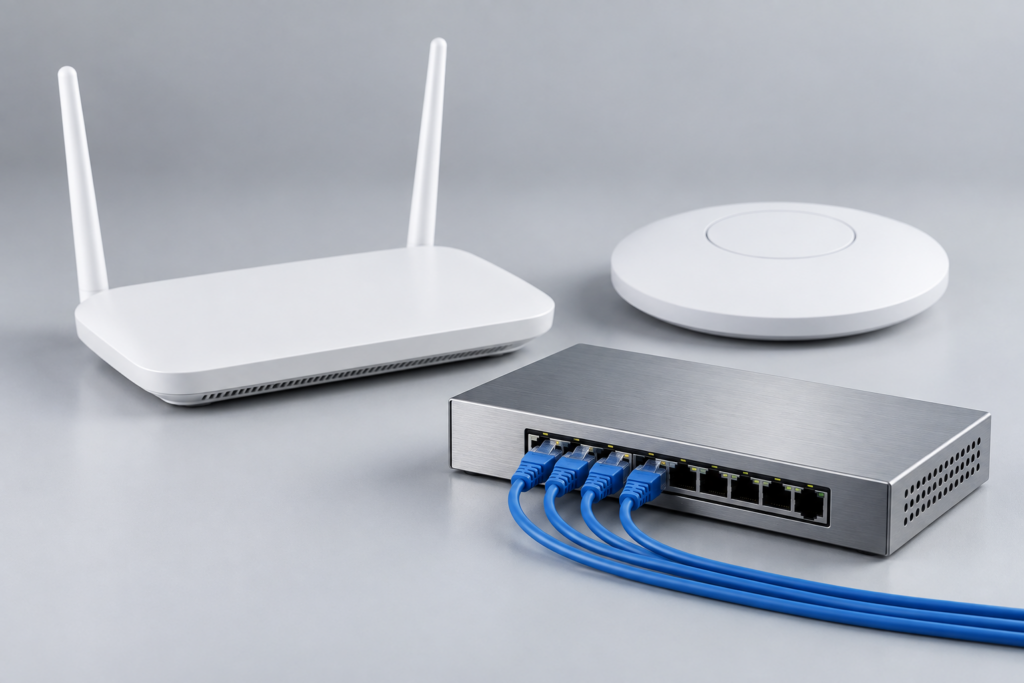Ilustración de router, punto de acceso y switch con cables de red.