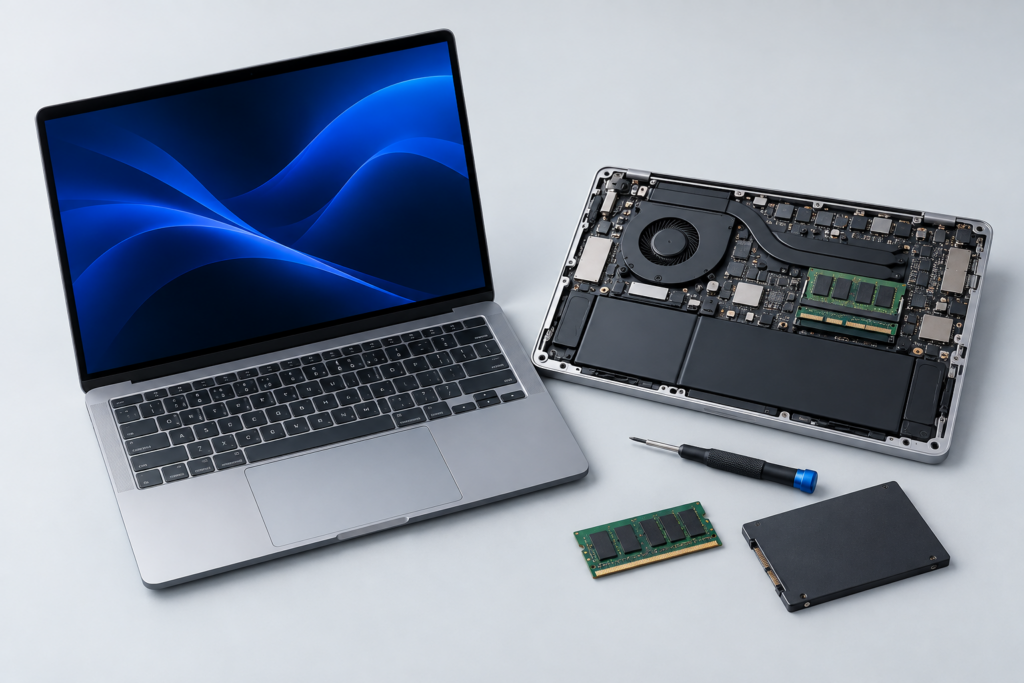Ilustración de computadoras portátiles, memoria RAM y SSD para representar el servicio de mantenimiento.